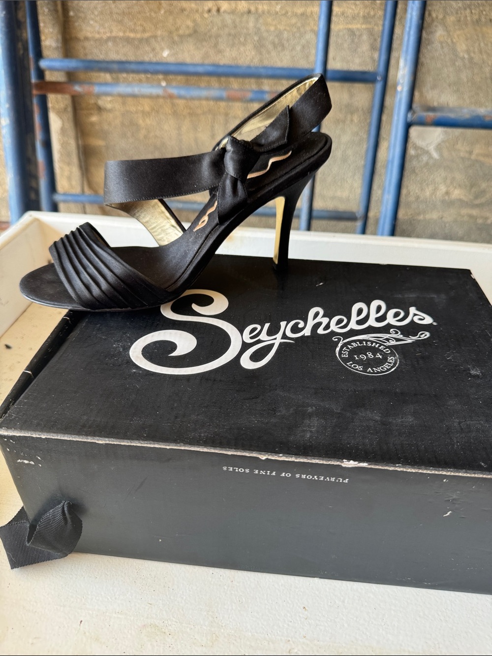 Seychelles Black Satin Knotted Slingback High Heel Sandals